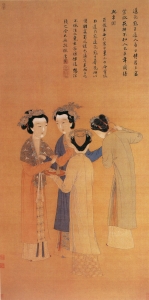 Fr&uuml;heres Shu-Reich-Gem&auml;lde: Eine Abbildung der Hofdamen durch Maler Tang Yin (1470-1524). Achten Sie auf die aufwendigen Dekorationen der Haare der Damen, im Vergleich zu dem bescheideneren Stil ihrer Dienerinnen. Diese waren wahrscheinlich verheiratete Frauen eines gro&szlig;en Haushaltes.  