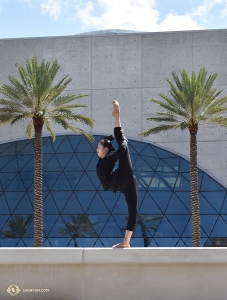 Unterdessen konkurriert die Tänzerin Zoe Jin mit der Höhe der Palmen vor dem Mahaffey Theatre in St. Petersburg, Florida. (Foto: Kaitlyn Chen)
