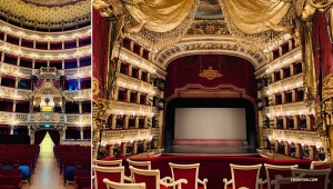 Die königliche Loge des Palace Theatre, in der der König von England früher Aufführungen genoss (links), und die perfekte Aussicht, die er von seinem königlichen Sitz aus gehabt hätte.
(Foto: Han Ye)